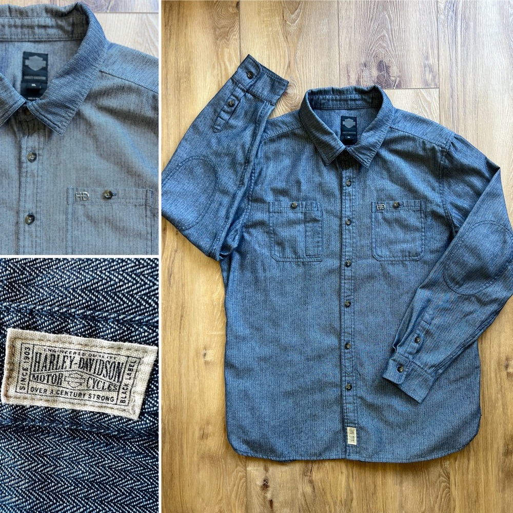 Harley-Davidson Black Label Herringbone Button Up Shirt Men’s XL Blue Moto Biker
